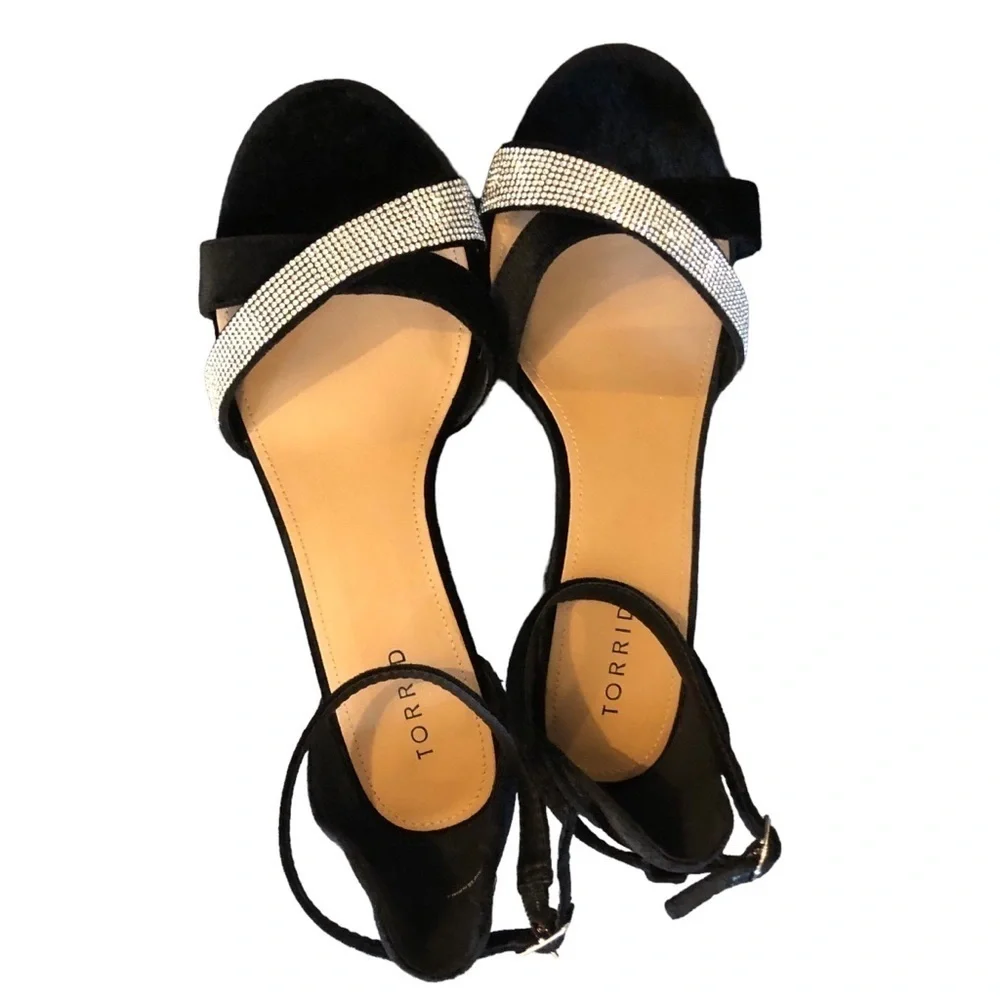 Torrid Rhinestone Demi Wedge Sandal Sz 9.5W Black Velvet Dressy Cocktail Party